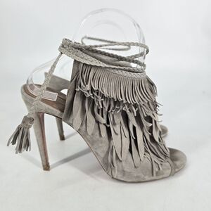 Aquazzura So Pocahontas Grey Suede Fringe Peep Toe Heels Size 40